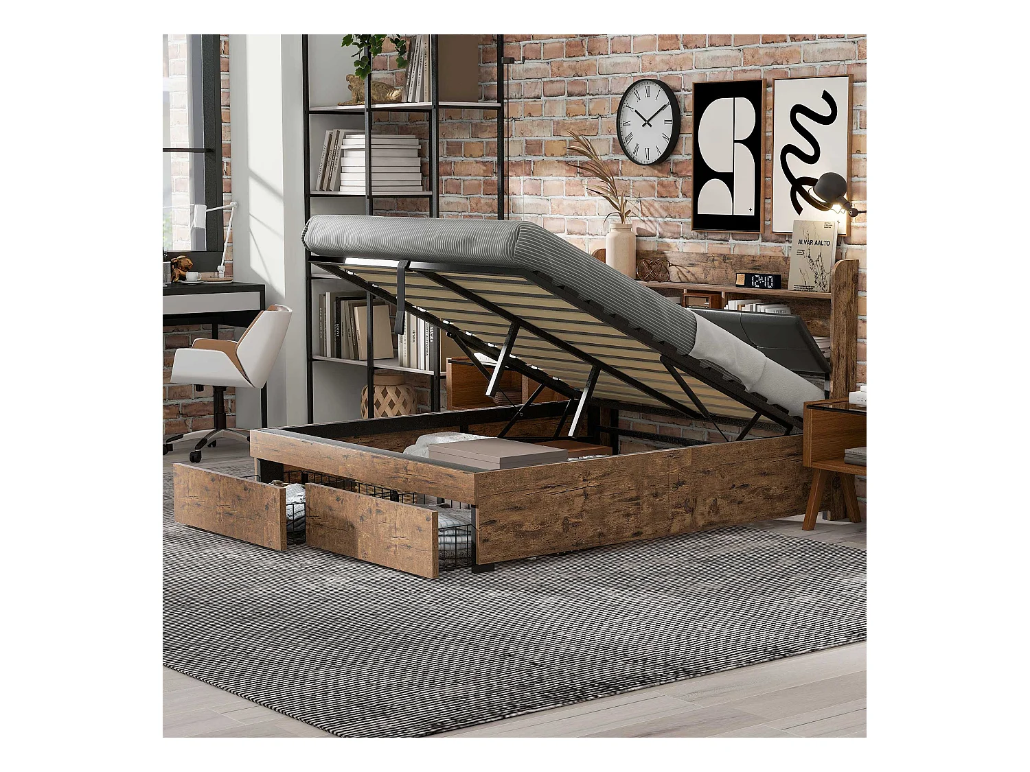 Lit métallique 140 x 200 cm, hydraulique, tête de lit avec rangement, sommier à lattes métalliques, pour adultes et enfants, bois + noir