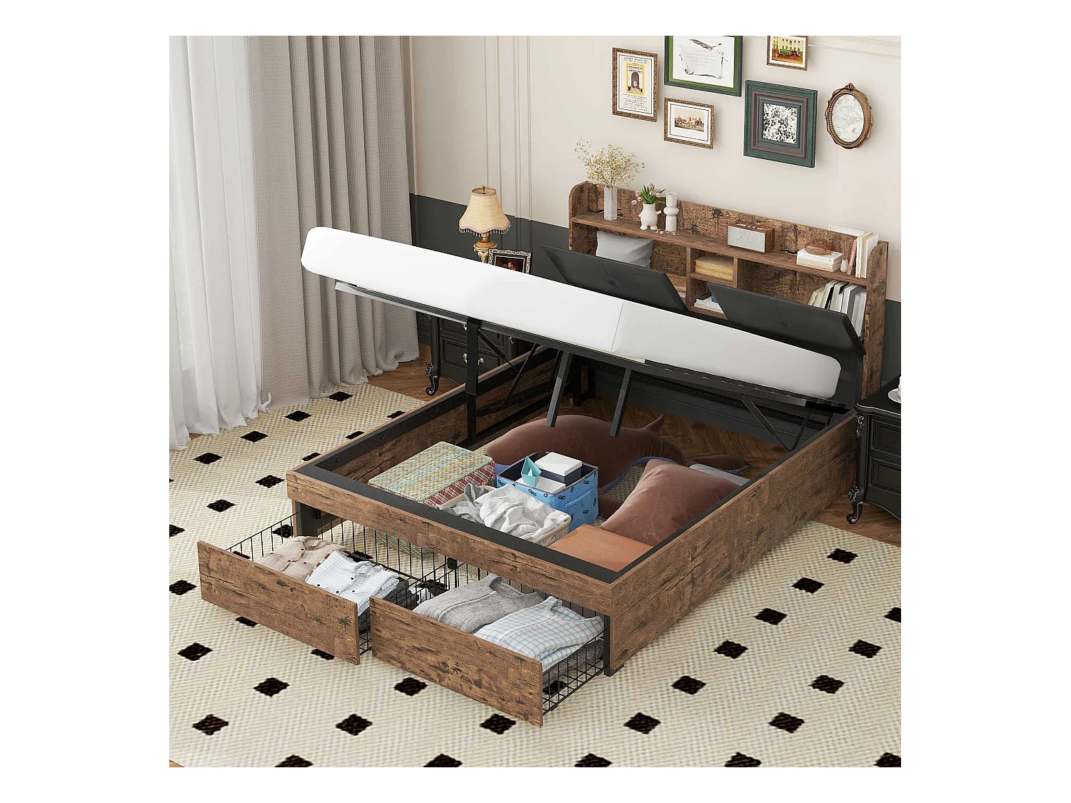 Lit métallique 140 x 200 cm, hydraulique, tête de lit avec rangement, sommier à lattes métalliques, pour adultes et enfants, bois + noir