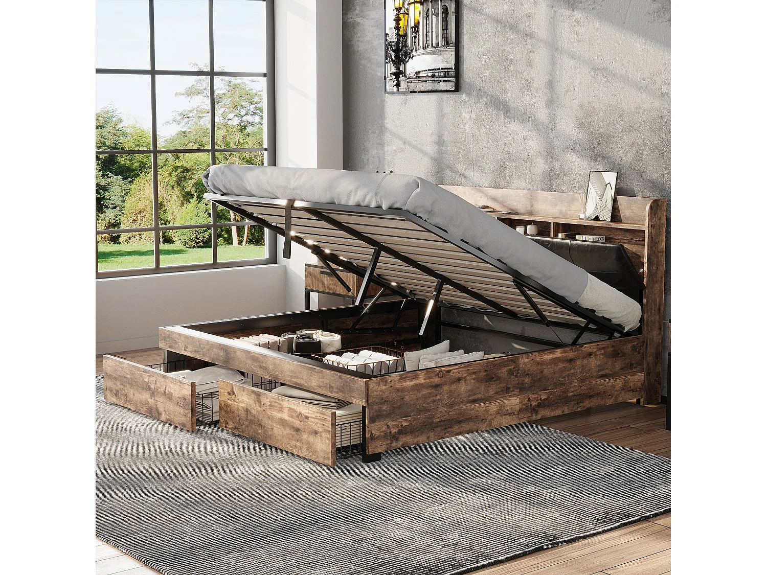 Lit métallique 140 x 200 cm, hydraulique, tête de lit avec rangement, sommier à lattes métalliques, pour adultes et enfants, bois + noir