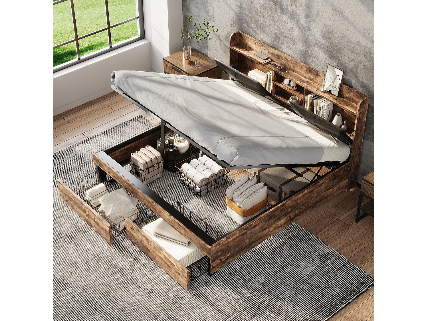 Lit métallique 140 x 200 cm, hydraulique, tête de lit avec rangement, sommier à lattes métalliques, pour adultes et enfants, bois + noir