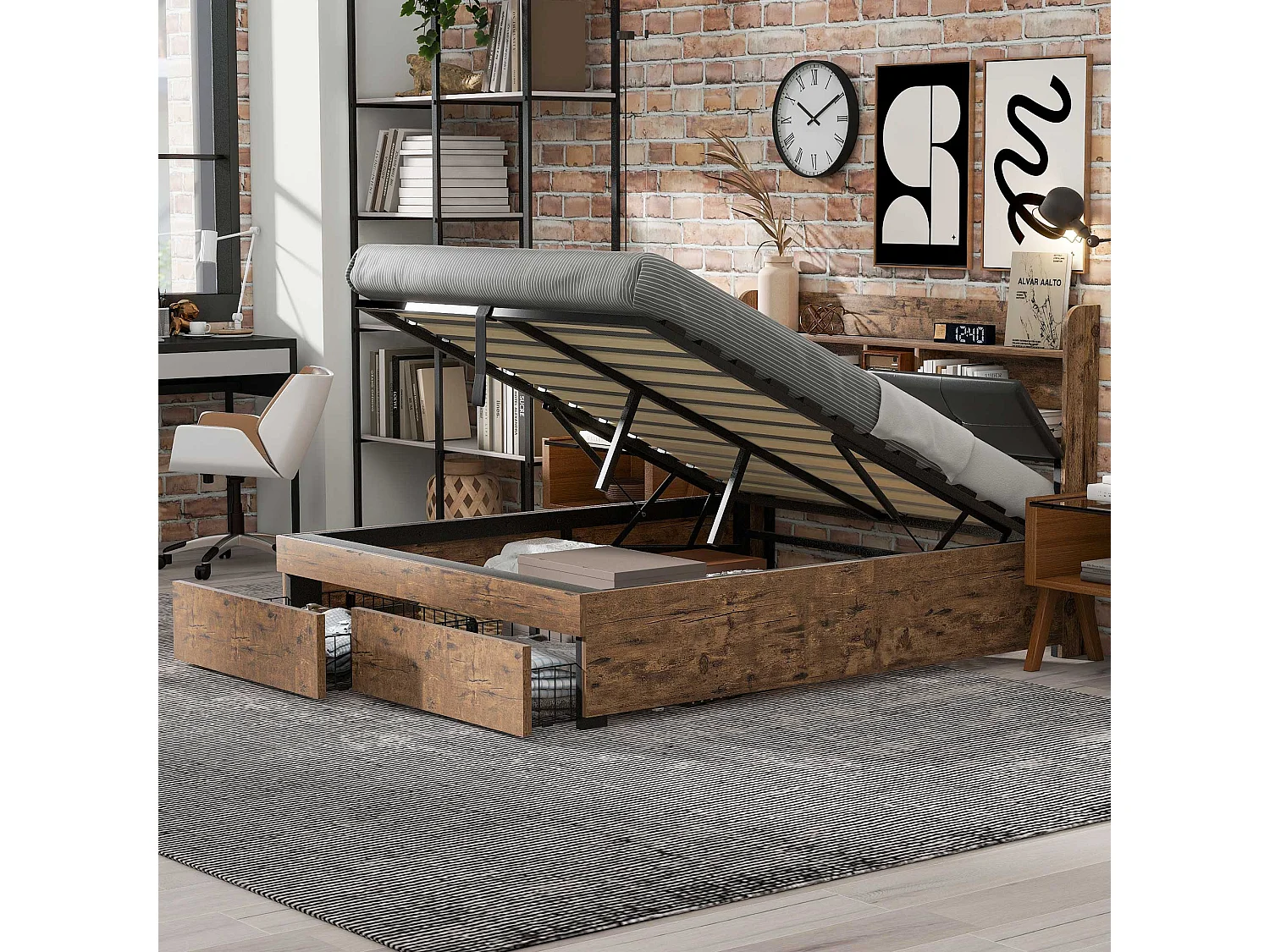 Lit métallique 140 x 200 cm, hydraulique, tête de lit avec rangement, sommier à lattes métalliques, pour adultes et enfants, bois + noir