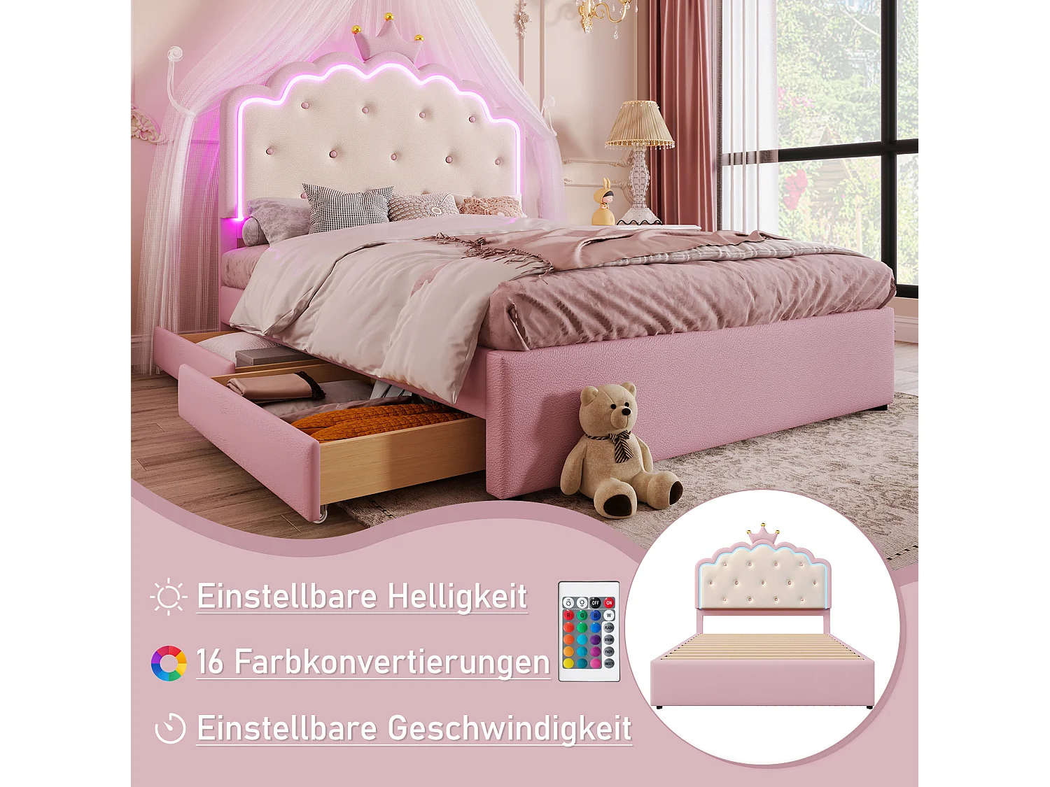 Letto con illuminazione a LED, 140x200 cm, letto con cassetti e letto pieghevole, design Princess, PU, rosa (203x143x137,5 cm)