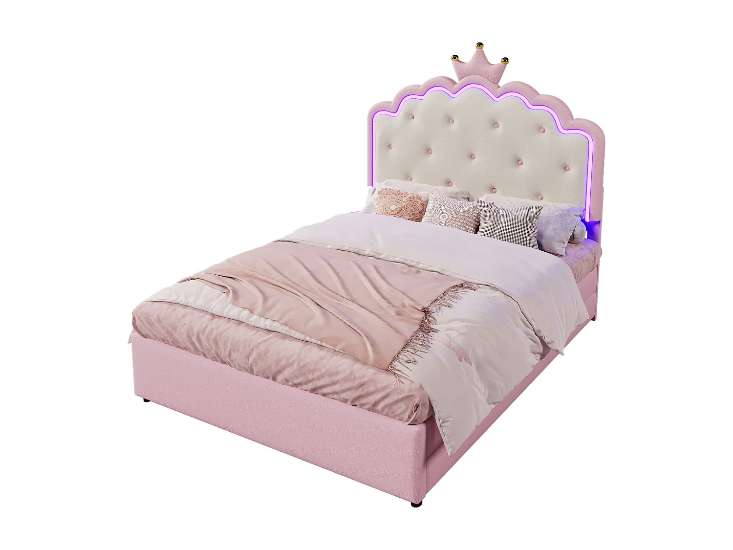 Letto con illuminazione a LED, 140x200 cm, letto con cassetti e letto pieghevole, design Princess, PU, rosa (203x143x137,5 cm)