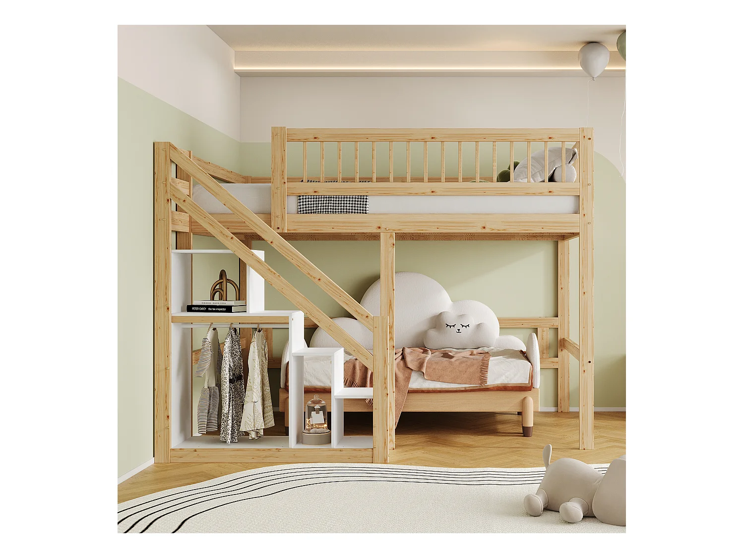Kinderbed 140x200 cm met opbergruimte onder het bed, massief houten frame met ladder, modern design (205x183x173 cm)