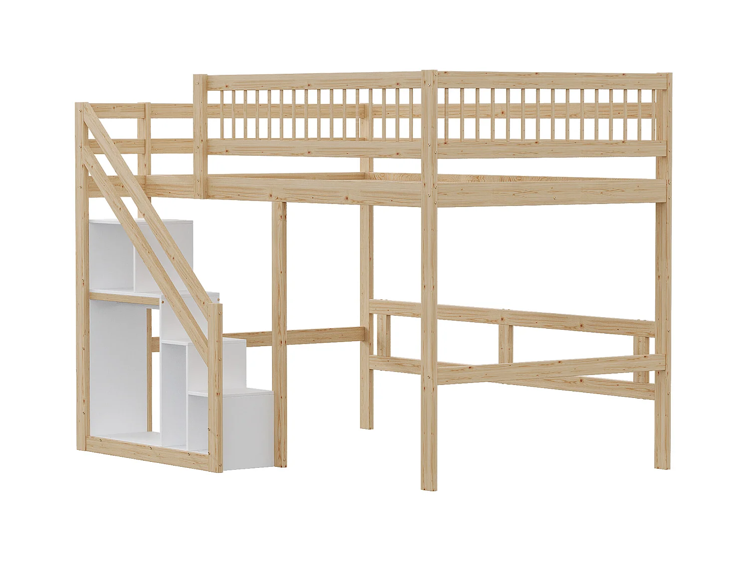 Kinderbed 140x200 cm met opbergruimte onder het bed, massief houten frame met ladder, modern design (205x183x173 cm)