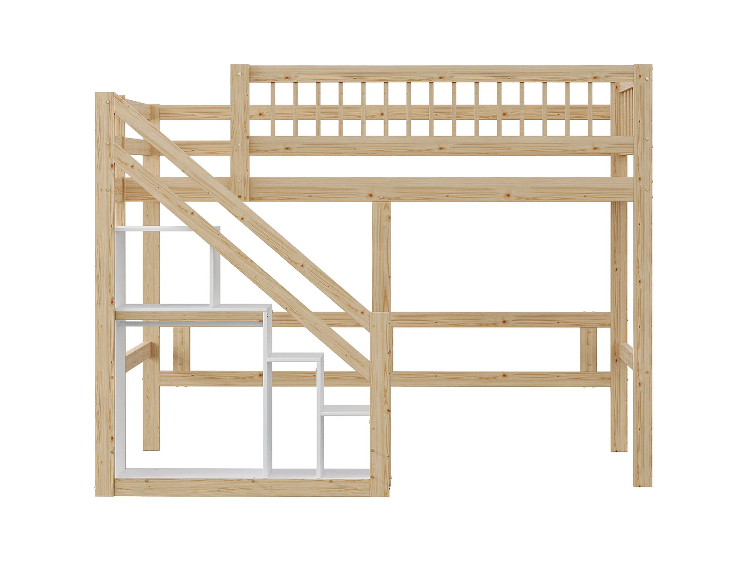 Kinderbed 140x200 cm met opbergruimte onder het bed, massief houten frame met ladder, modern design (205x183x173 cm)