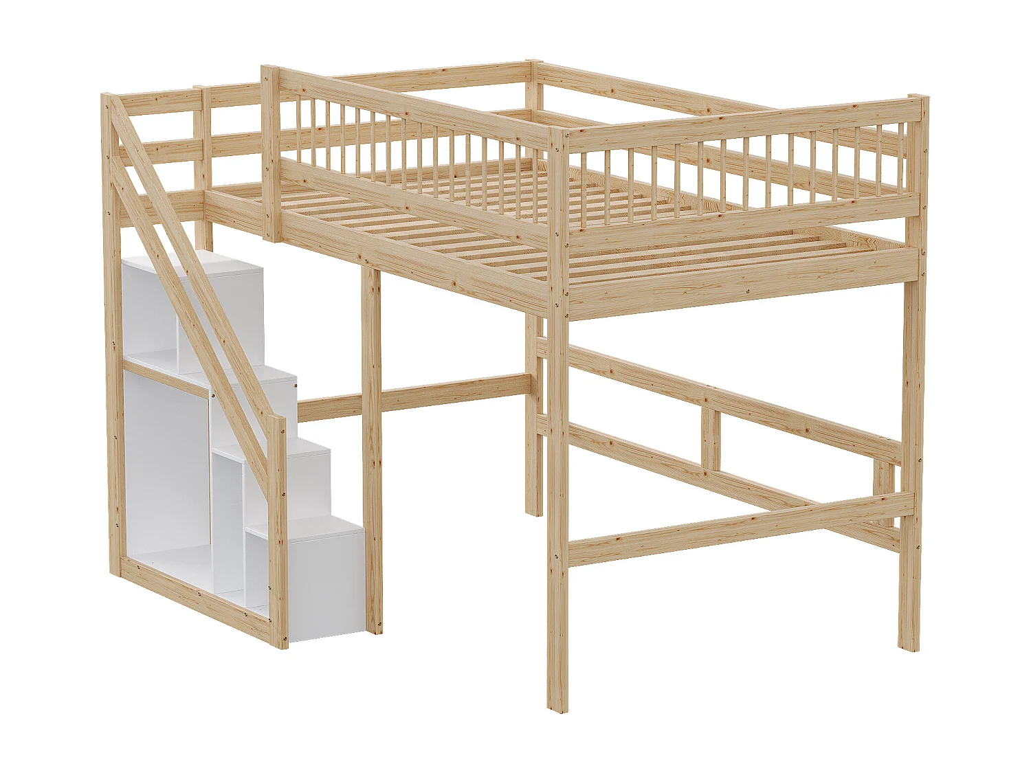 Kinderbed 140x200 cm met opbergruimte onder het bed, massief houten frame met ladder, modern design (205x183x173 cm)