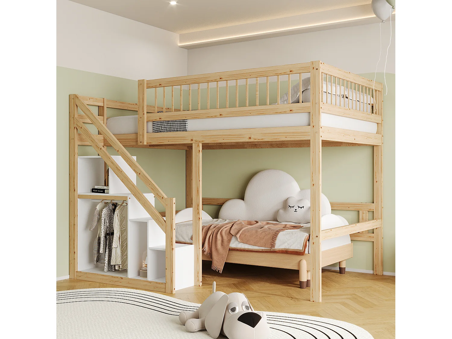 Kinderbed 140x200 cm met opbergruimte onder het bed, massief houten frame met ladder, modern design (205x183x173 cm)