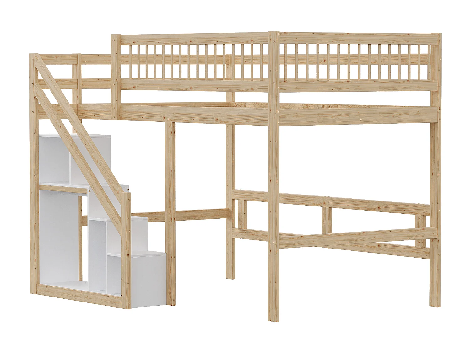 Kinderbed 140x200 cm met opbergruimte onder het bed, massief houten frame met ladder, modern design (205x183x173 cm)