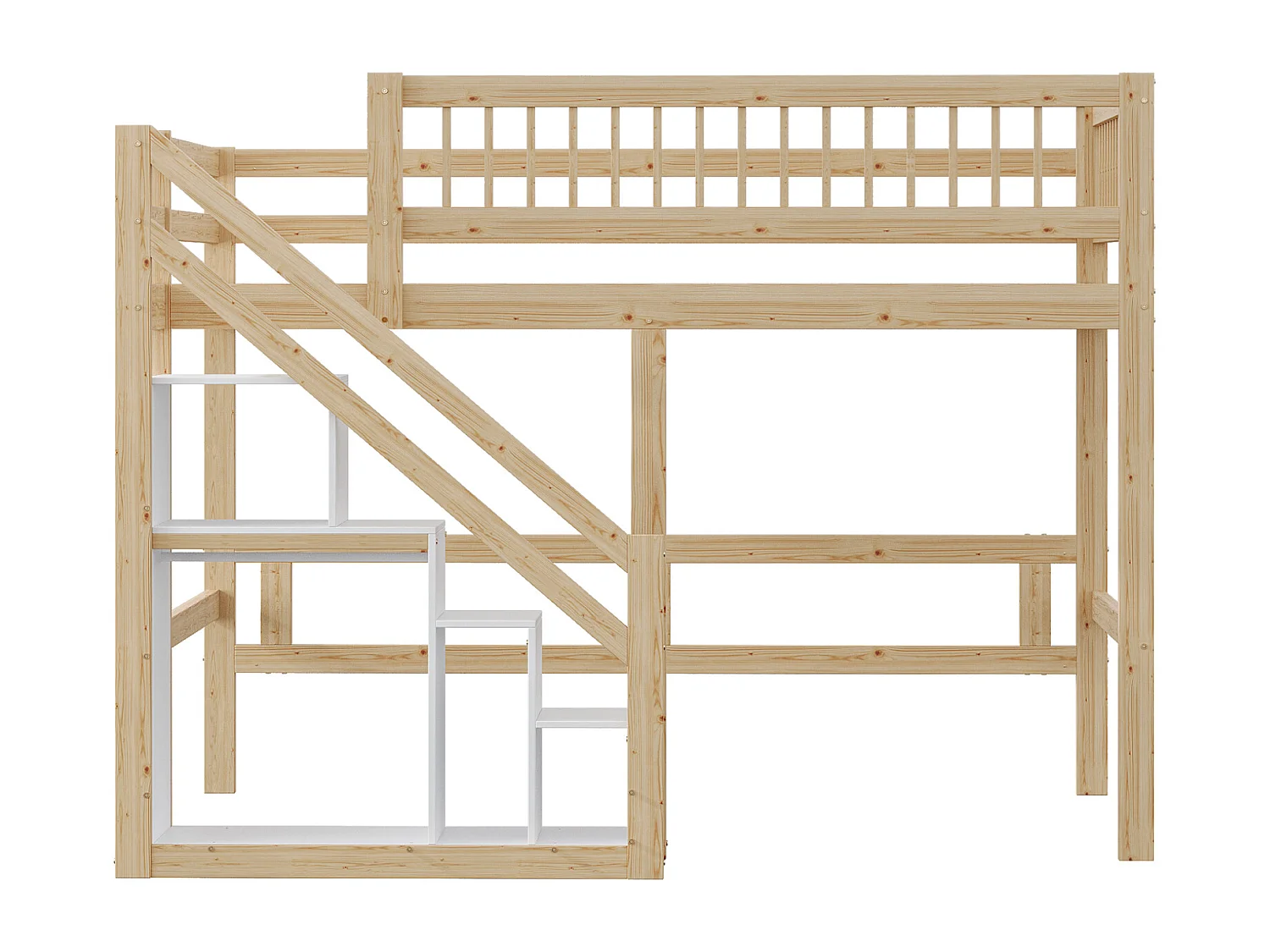 Kinderbed 140x200 cm met opbergruimte onder het bed, massief houten frame met ladder, modern design (205x183x173 cm)