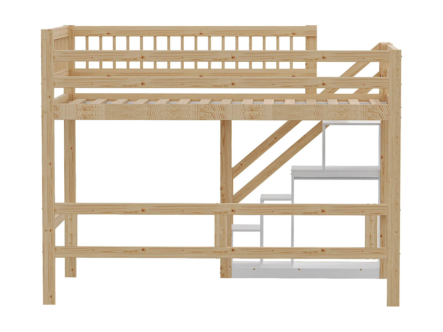 Kinderbed 140x200 cm met opbergruimte onder het bed, massief houten frame met ladder, modern design (205x183x173 cm)