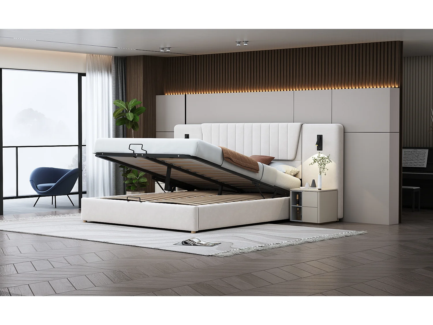 Gestoffeerd bed 180x200cm, extra lange rugleuning, verstelbare leeslamp, USB-aansluiting, hydraulisch opbergbed, beige fluweel (206x246,5x109cm)