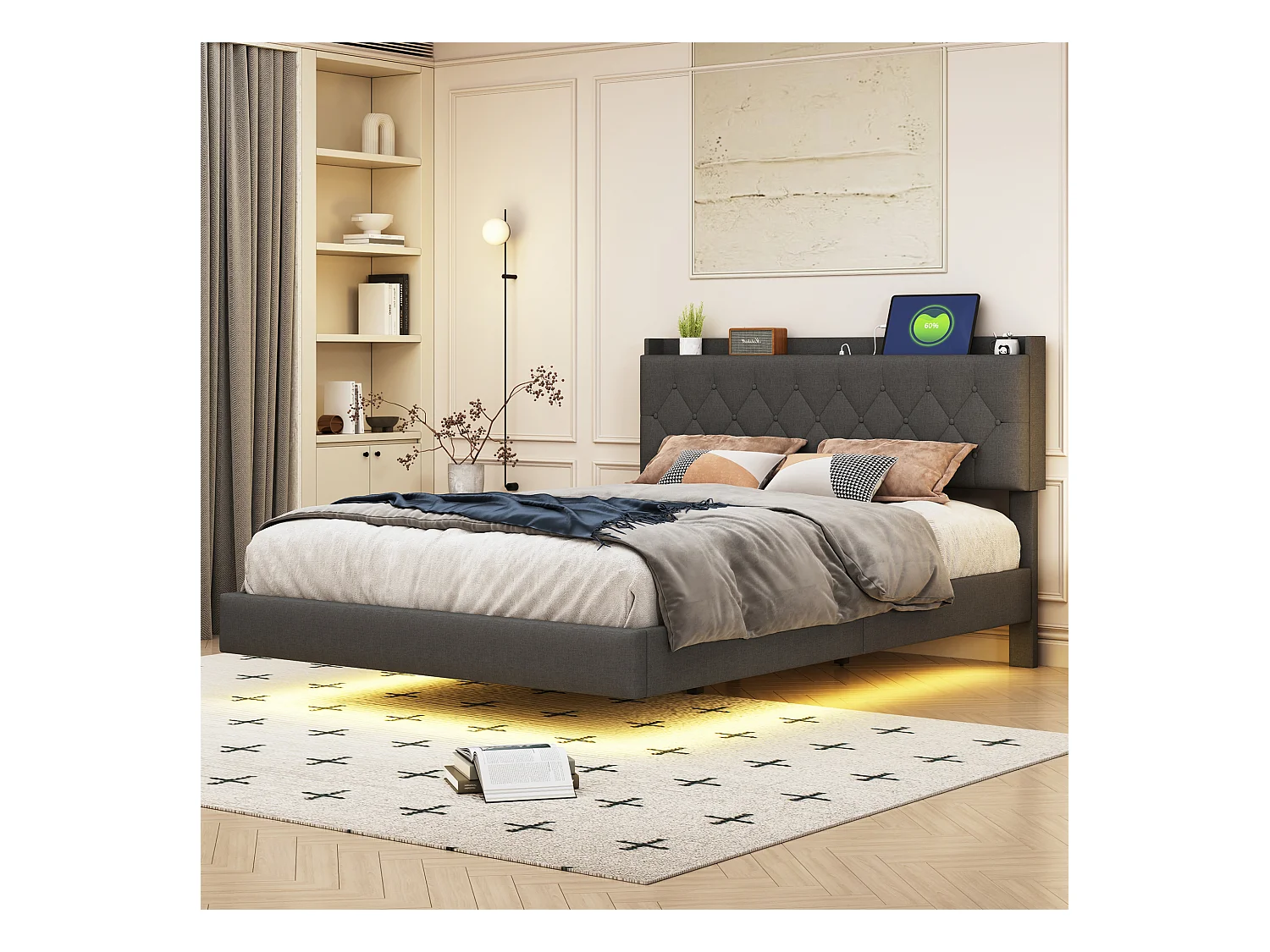 Lit 140x200 cm avec port USB et éclairage LED coloré, tissu en lin, cadre modulaire avec sommier, gris (203x164x100 cm)