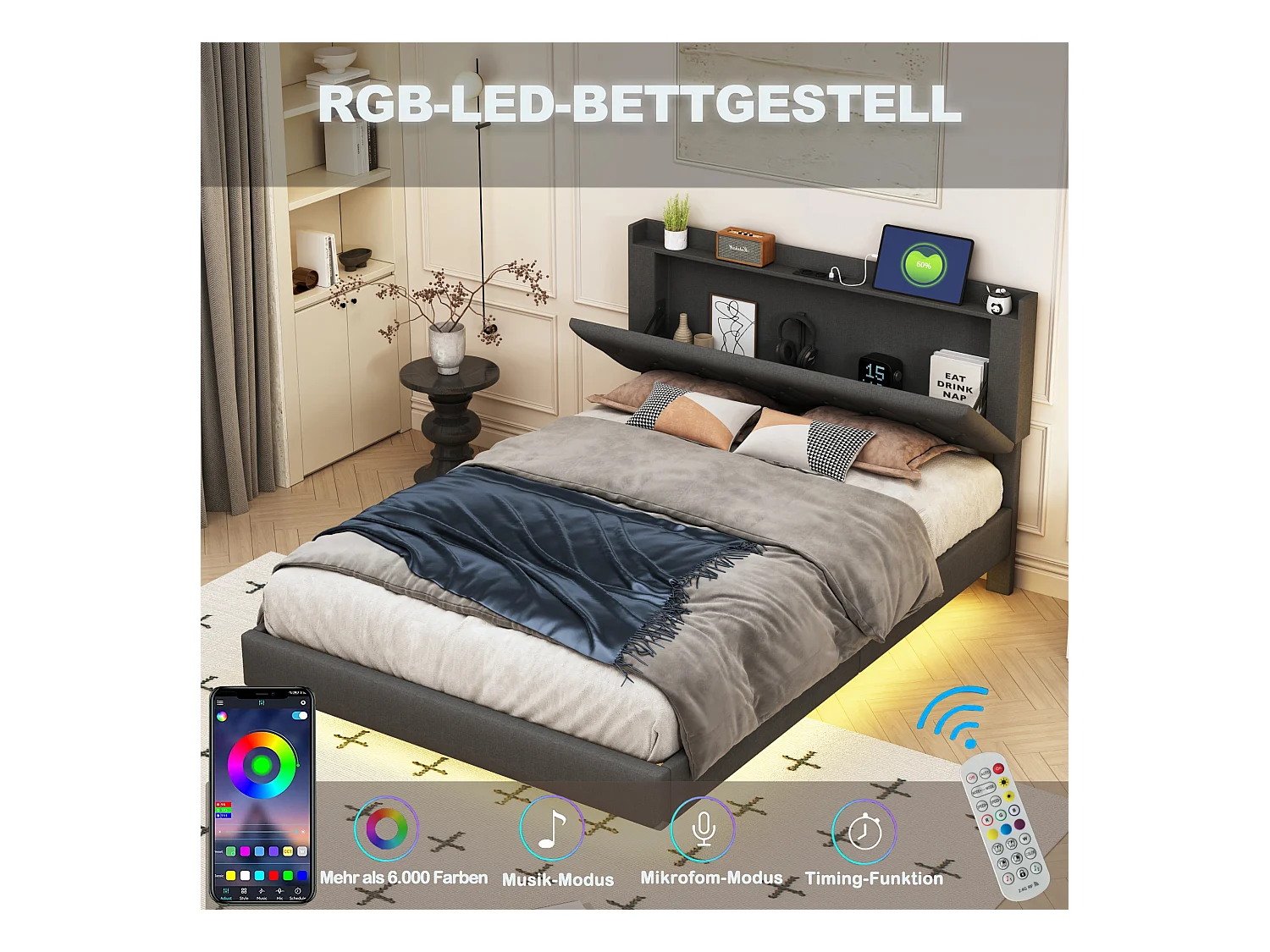 Lit 140x200 cm avec port USB et éclairage LED coloré, tissu en lin, cadre modulaire avec sommier, gris (203x164x100 cm)