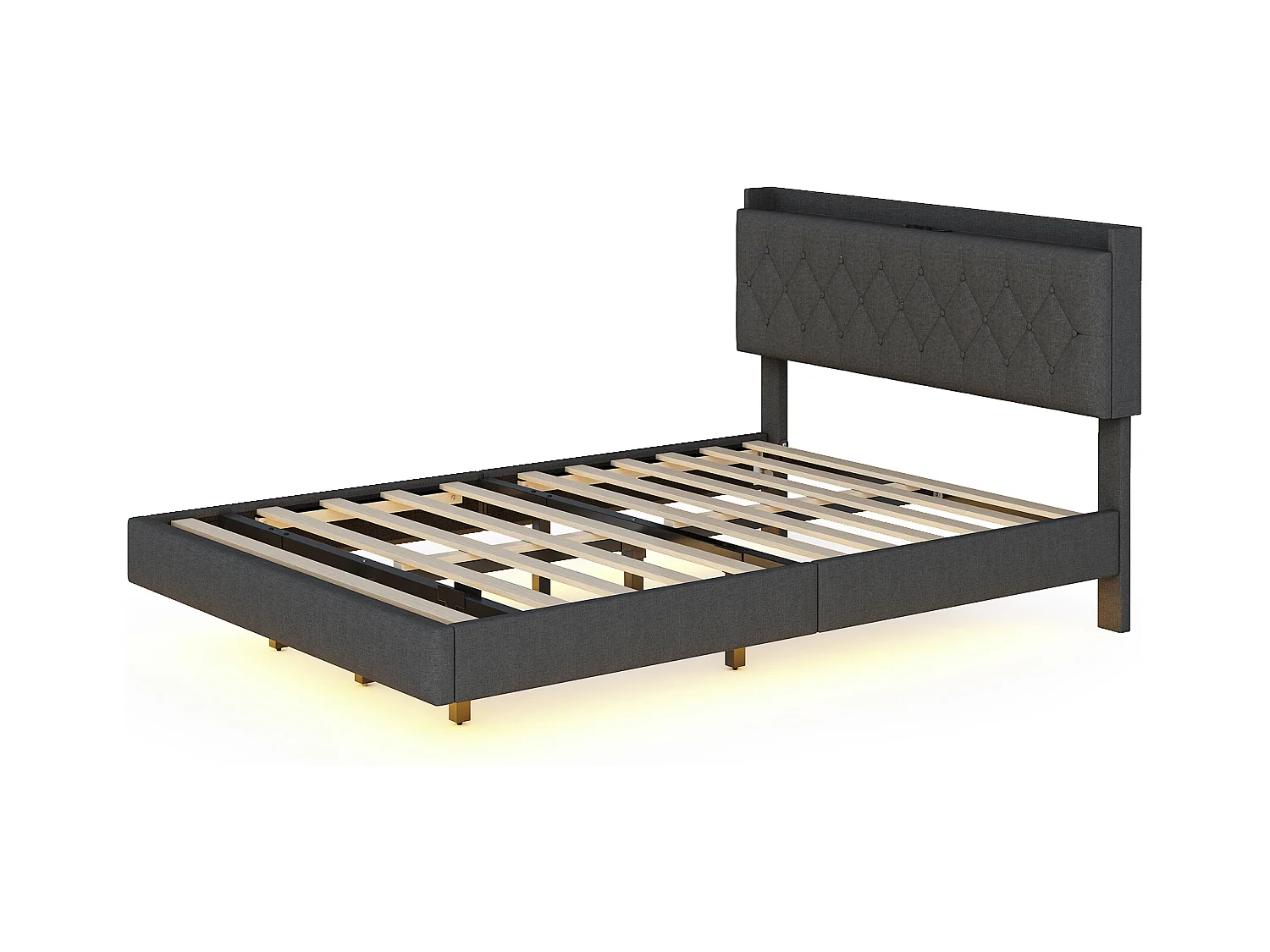 Lit 140x200 cm avec port USB et éclairage LED coloré, tissu en lin, cadre modulaire avec sommier, gris (203x164x100 cm)