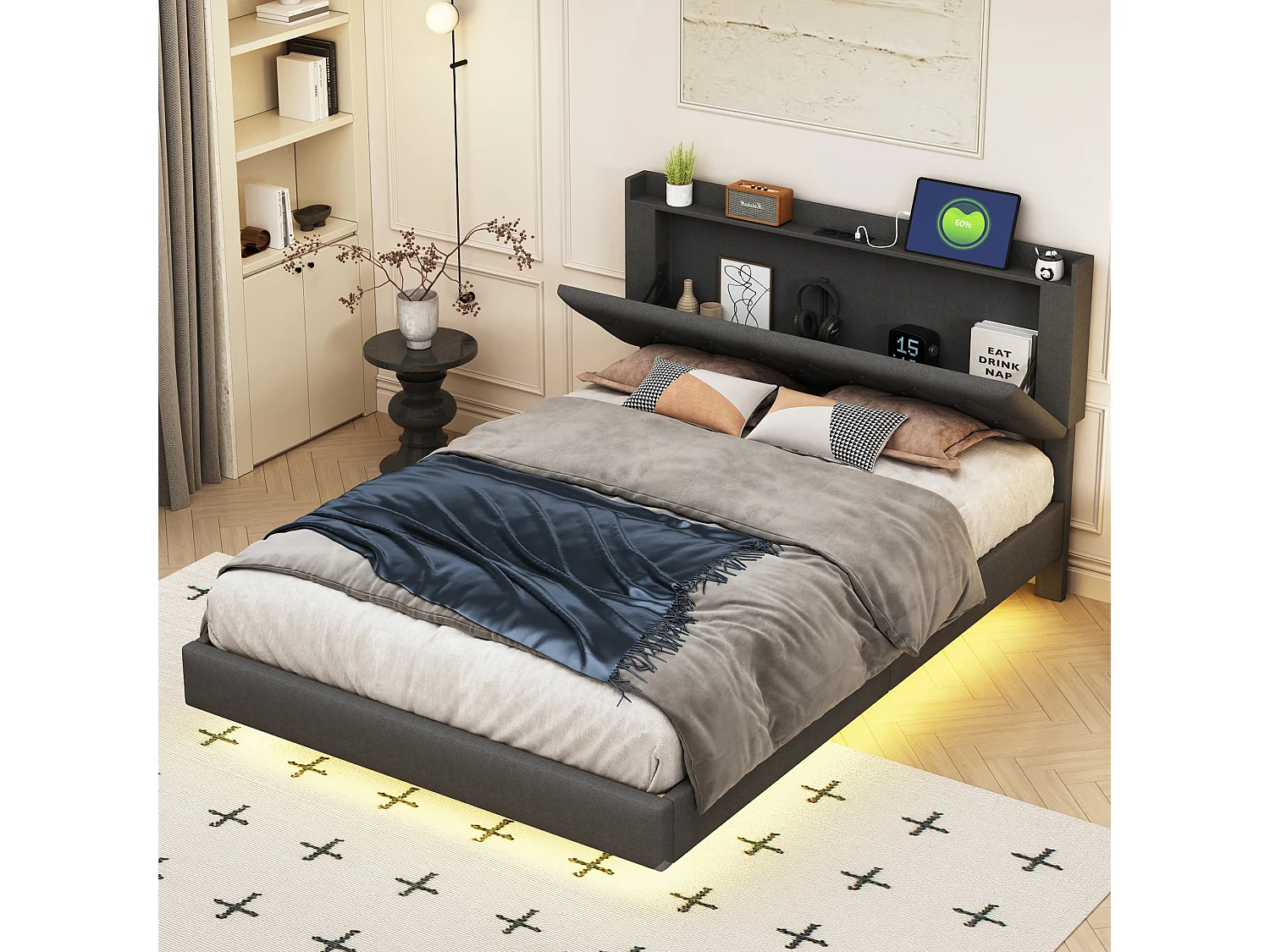Lit 140x200 cm avec port USB et éclairage LED coloré, tissu en lin, cadre modulaire avec sommier, gris (203x164x100 cm)