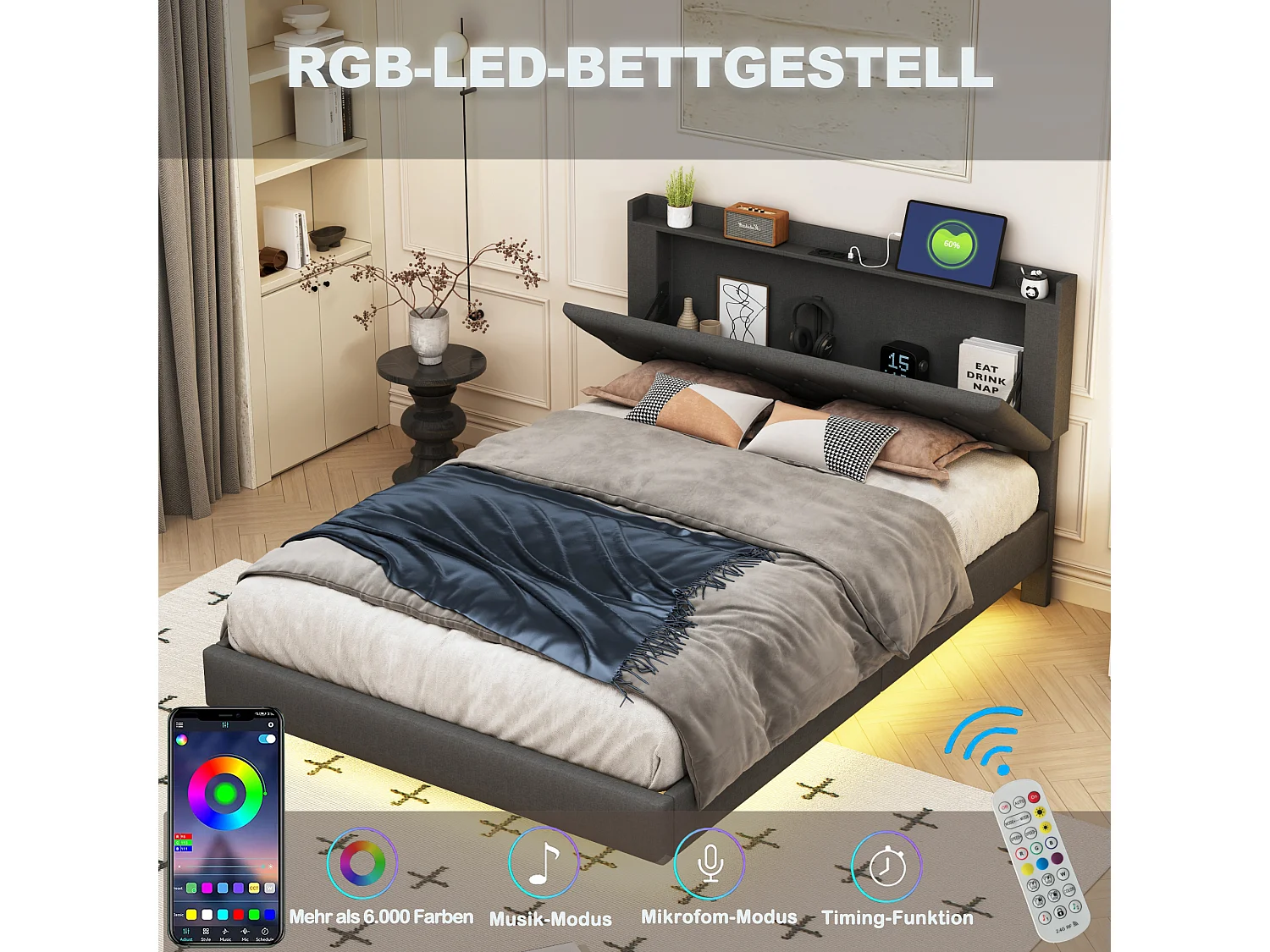 Lit 140x200 cm avec port USB et éclairage LED coloré, tissu en lin, cadre modulaire avec sommier, gris (203x164x100 cm)