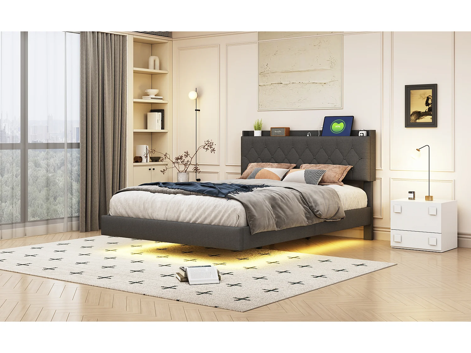 Lit 140x200 cm avec port USB et éclairage LED coloré, tissu en lin, cadre modulaire avec sommier, gris (203x164x100 cm)