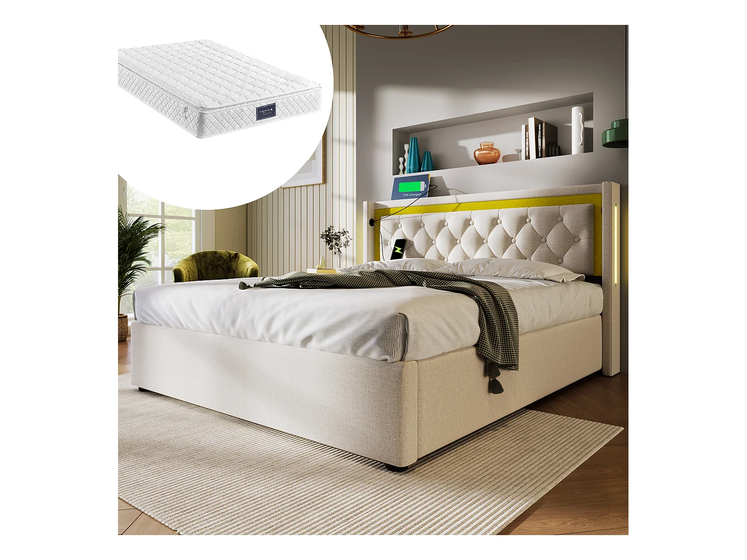 Lit avec fonction de charge USB Type-C, LED, et 2 tiroirs, cadre en coton beige, 160x200 cm (Dimensions : 208x170x104 cm)