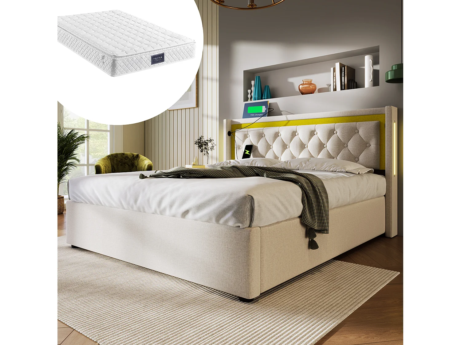 Lit avec fonction de charge USB Type-C, LED, et 2 tiroirs, cadre en coton beige, 160x200 cm (Dimensions : 208x170x104 cm)