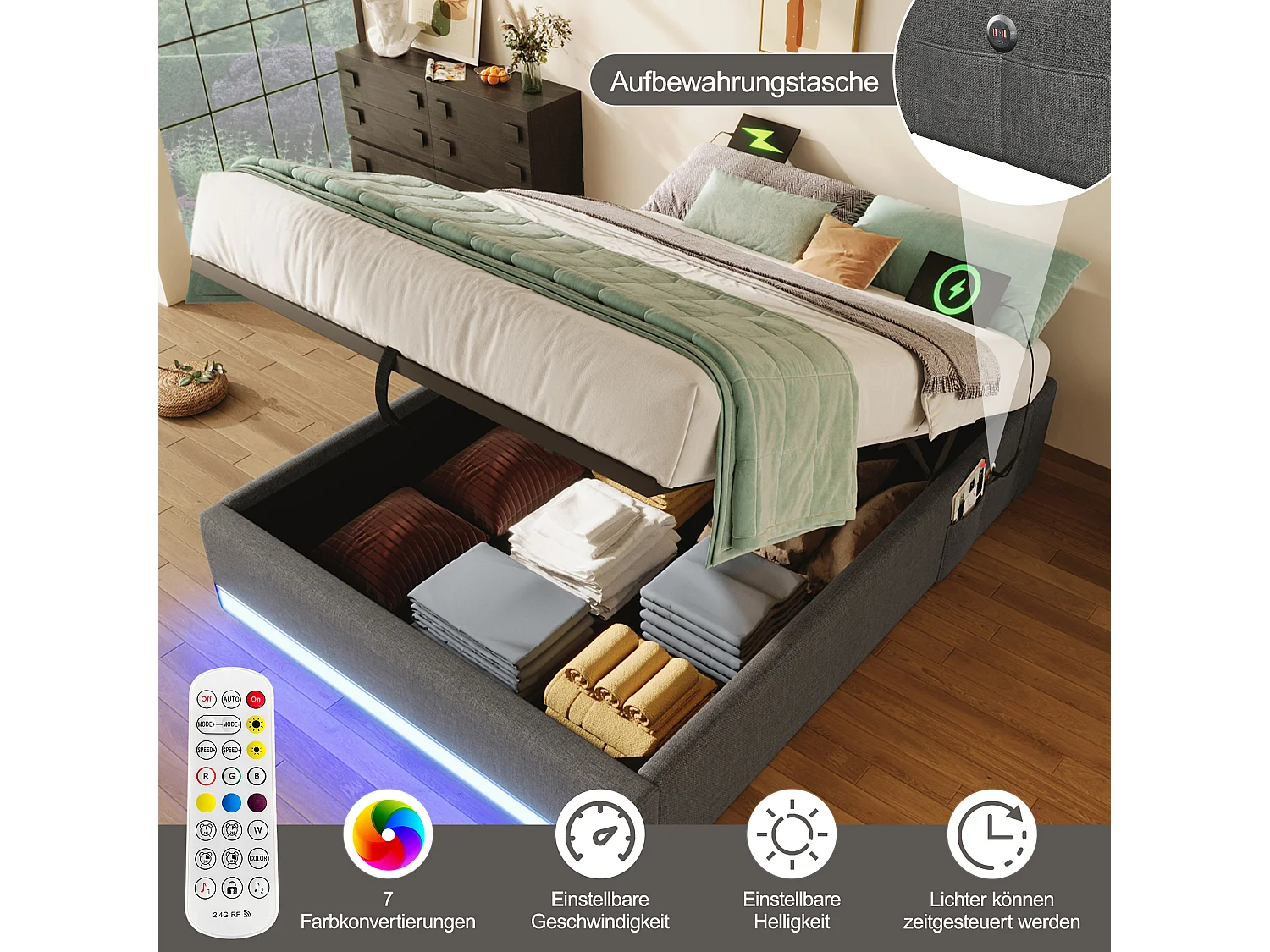 Lit tapissier 90 x 200 cm, avec LED télécommandée, USB et Type-C, petites poches de rangement, sans tête de lit, fonction de stockage hydraulique (203x91.5x32 cm)