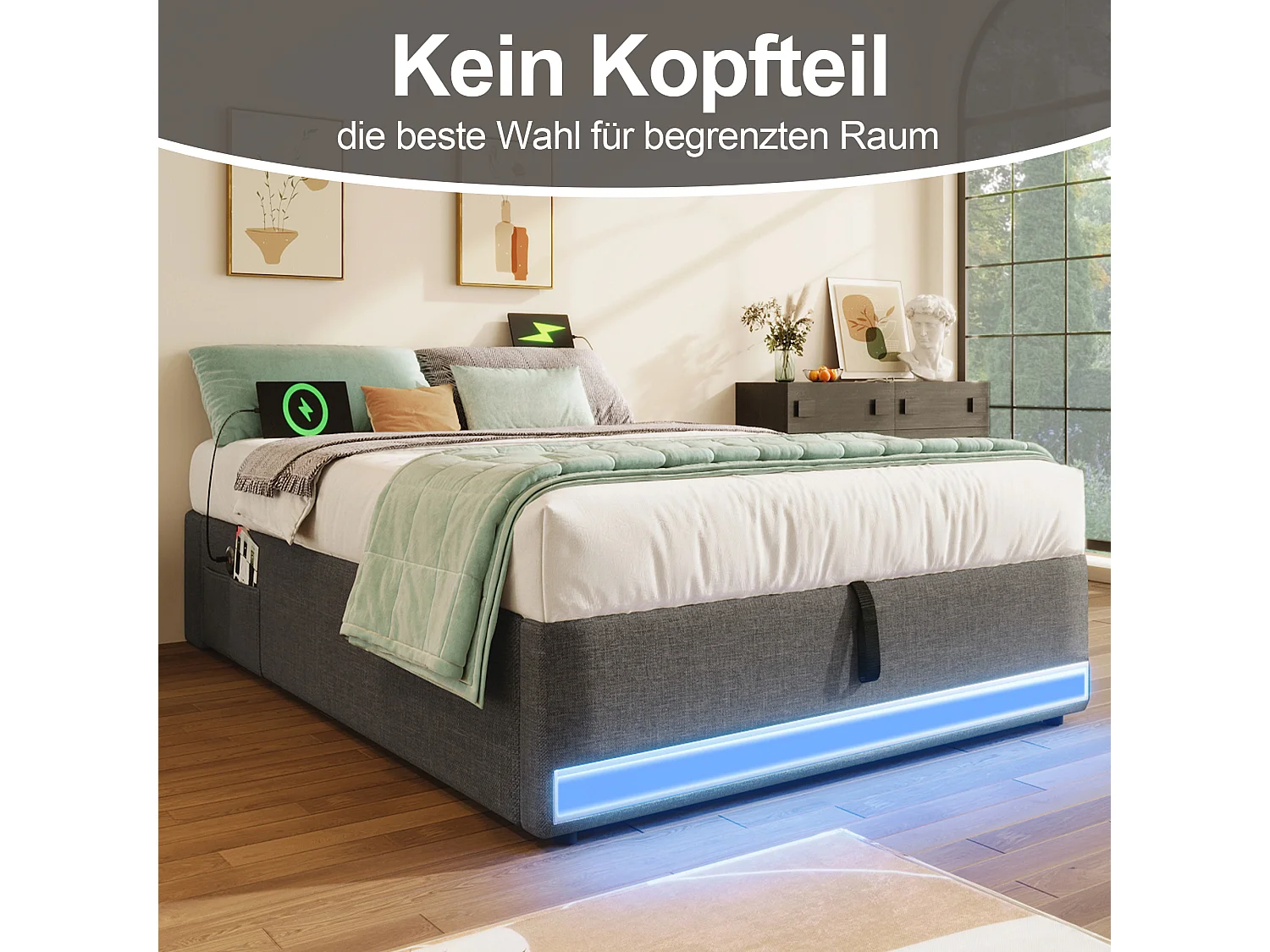 Lit tapissier 90 x 200 cm, avec LED télécommandée, USB et Type-C, petites poches de rangement, sans tête de lit, fonction de stockage hydraulique (203x91.5x32 cm)