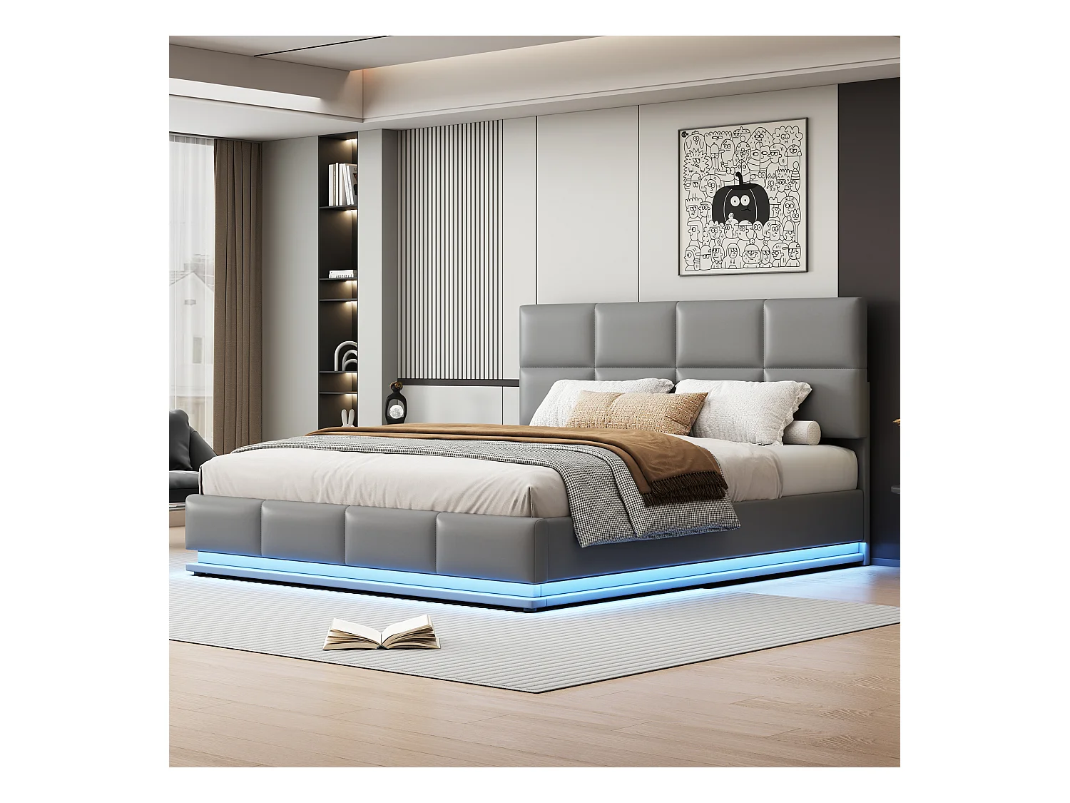 Lit tapissier avec LED, rangement hydraulique, simili cuir gris clair, design moderne (200x181x91 cm)