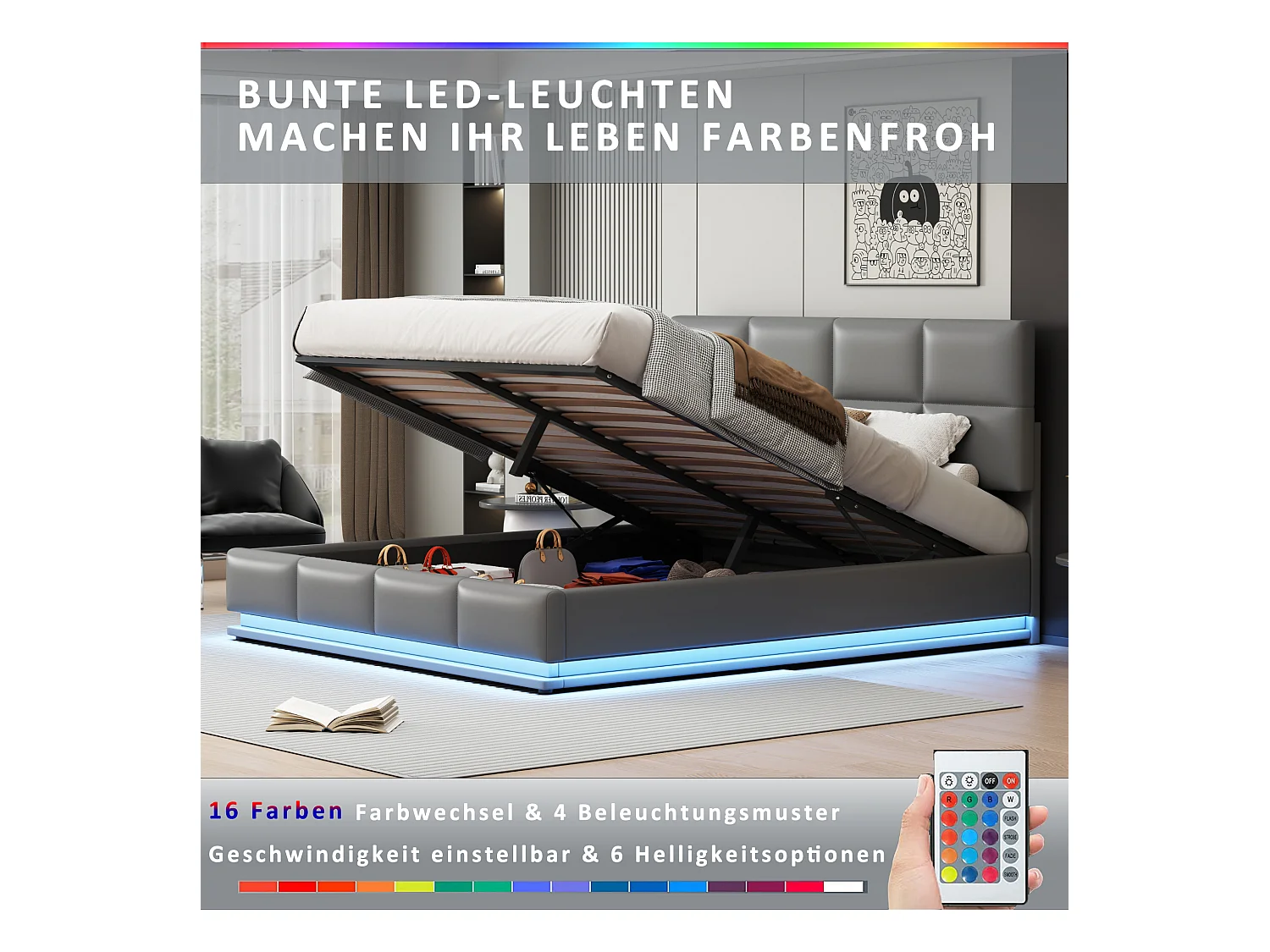 Lit tapissier avec LED, rangement hydraulique, simili cuir gris clair, design moderne (200x181x91 cm)