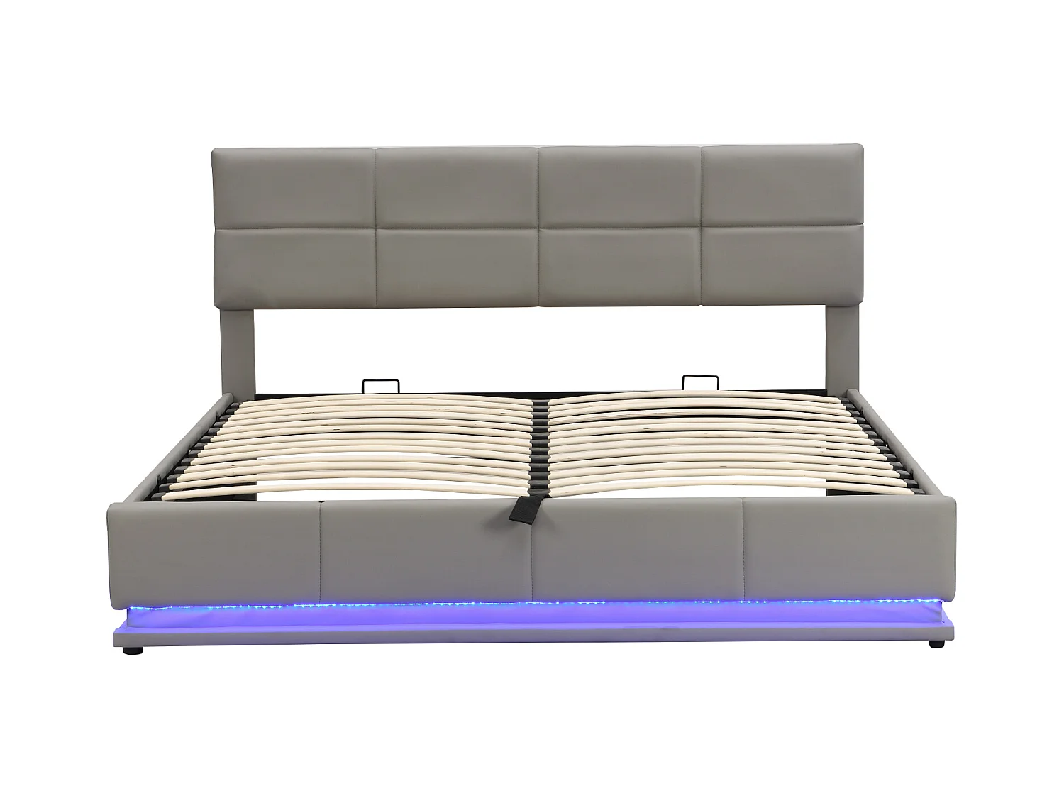 Lit tapissier avec LED, rangement hydraulique, simili cuir gris clair, design moderne (200x181x91 cm)