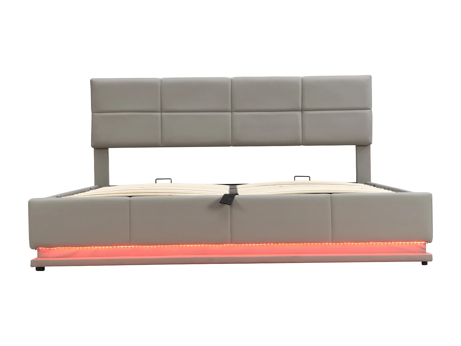 Lit tapissier avec LED, rangement hydraulique, simili cuir gris clair, design moderne (200x181x91 cm)