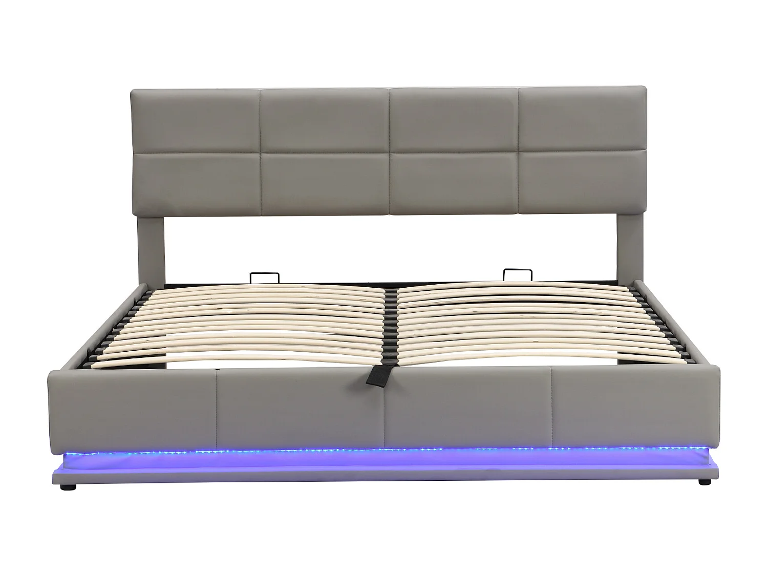 Lit tapissier avec LED, rangement hydraulique, simili cuir gris clair, design moderne (200x181x91 cm)