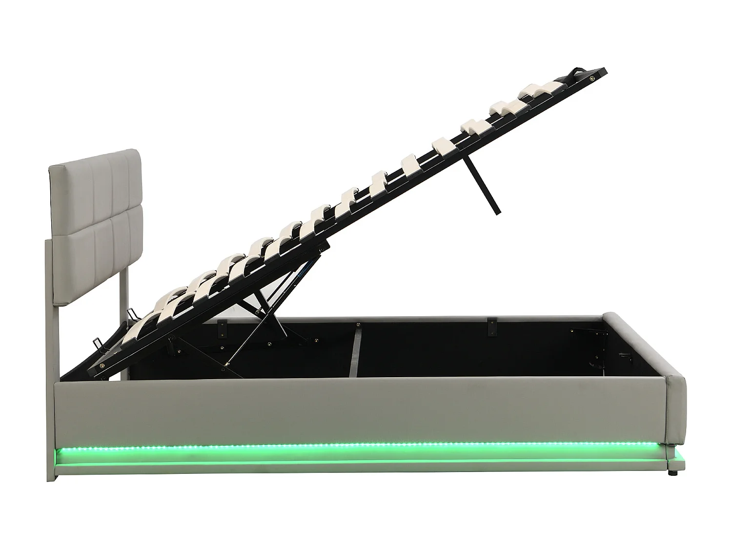 Lit tapissier avec LED, rangement hydraulique, simili cuir gris clair, design moderne (200x181x91 cm)