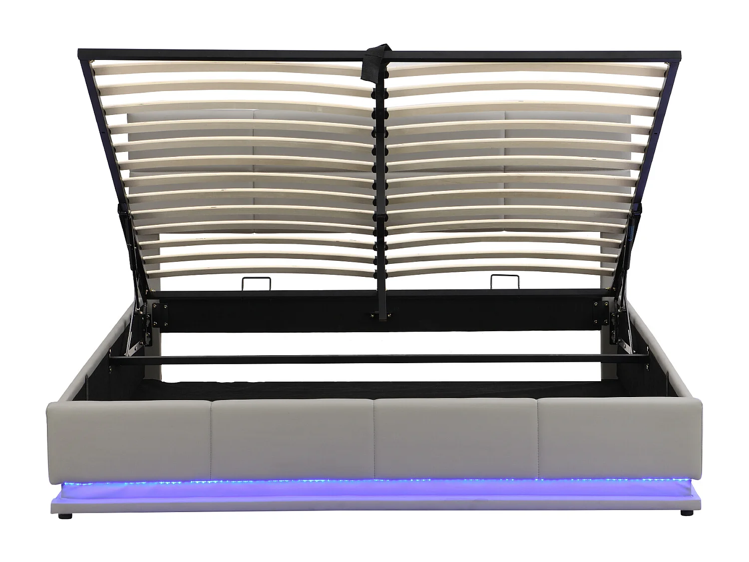 Lit tapissier avec LED, rangement hydraulique, simili cuir gris clair, design moderne (200x181x91 cm)