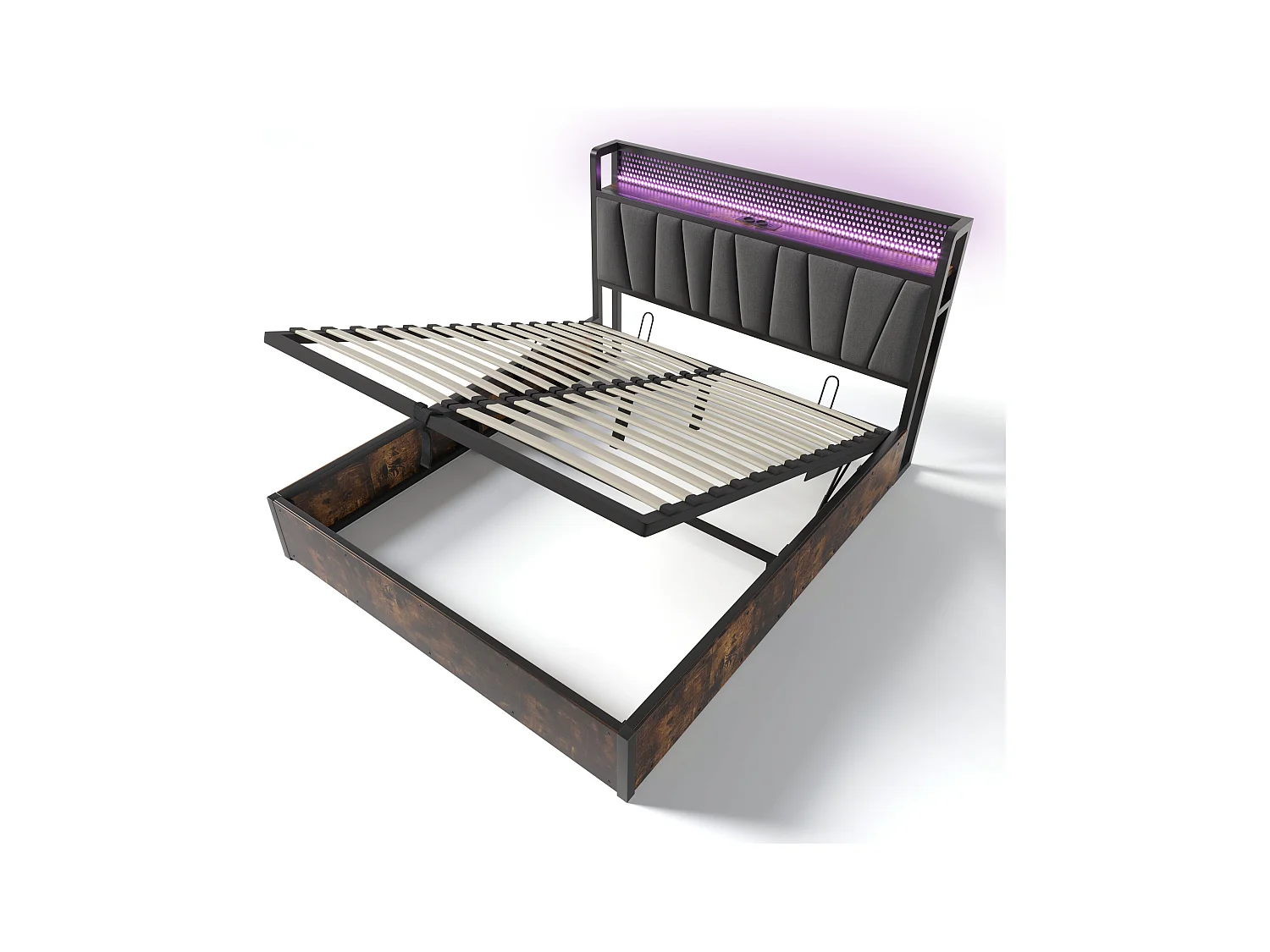 Lit double métal avec LED RGBW, contrôle par appli, USB Type-C, lin gris (166x222x99cm)