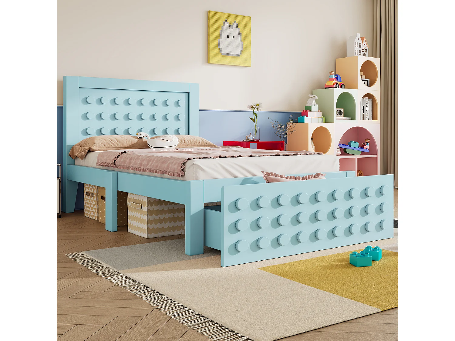 Lit Enfant 90x200 cm, structure bois massif, sommier à lattes, tiroirs et rangement sous le lit, sans matelas (90x200 cm)