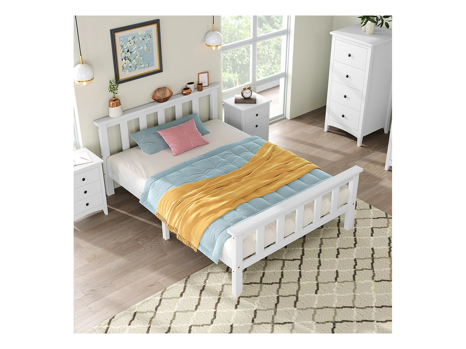 Lit simple en bois massif avec sommier à lattes et tête de lit, pin blanc, design compact et durable (96x208x82cm)