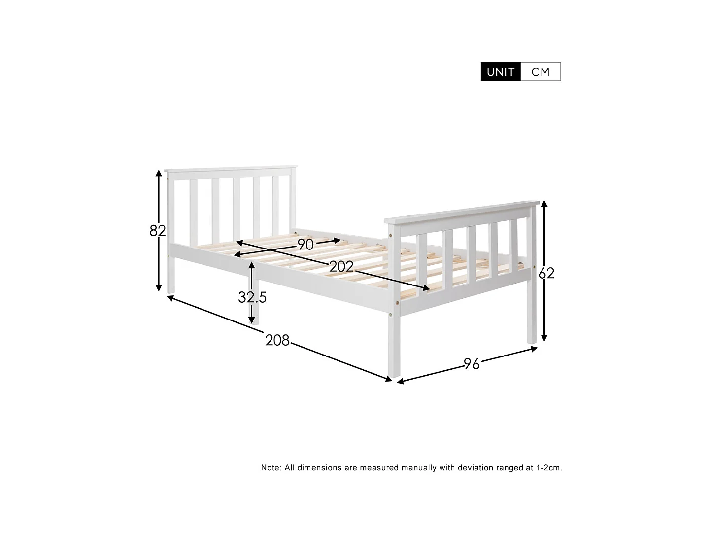 Lit simple en bois massif avec sommier à lattes et tête de lit, pin blanc, design compact et durable (96x208x82cm)