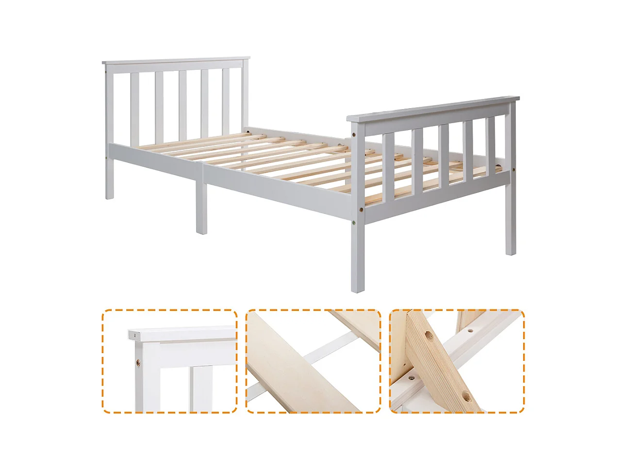 Lit simple en bois massif avec sommier à lattes et tête de lit, pin blanc, design compact et durable (96x208x82cm)