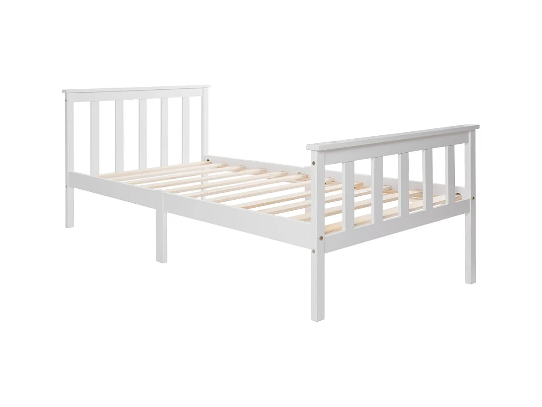 Lit simple en bois massif avec sommier à lattes et tête de lit, pin blanc, design compact et durable (96x208x82cm)