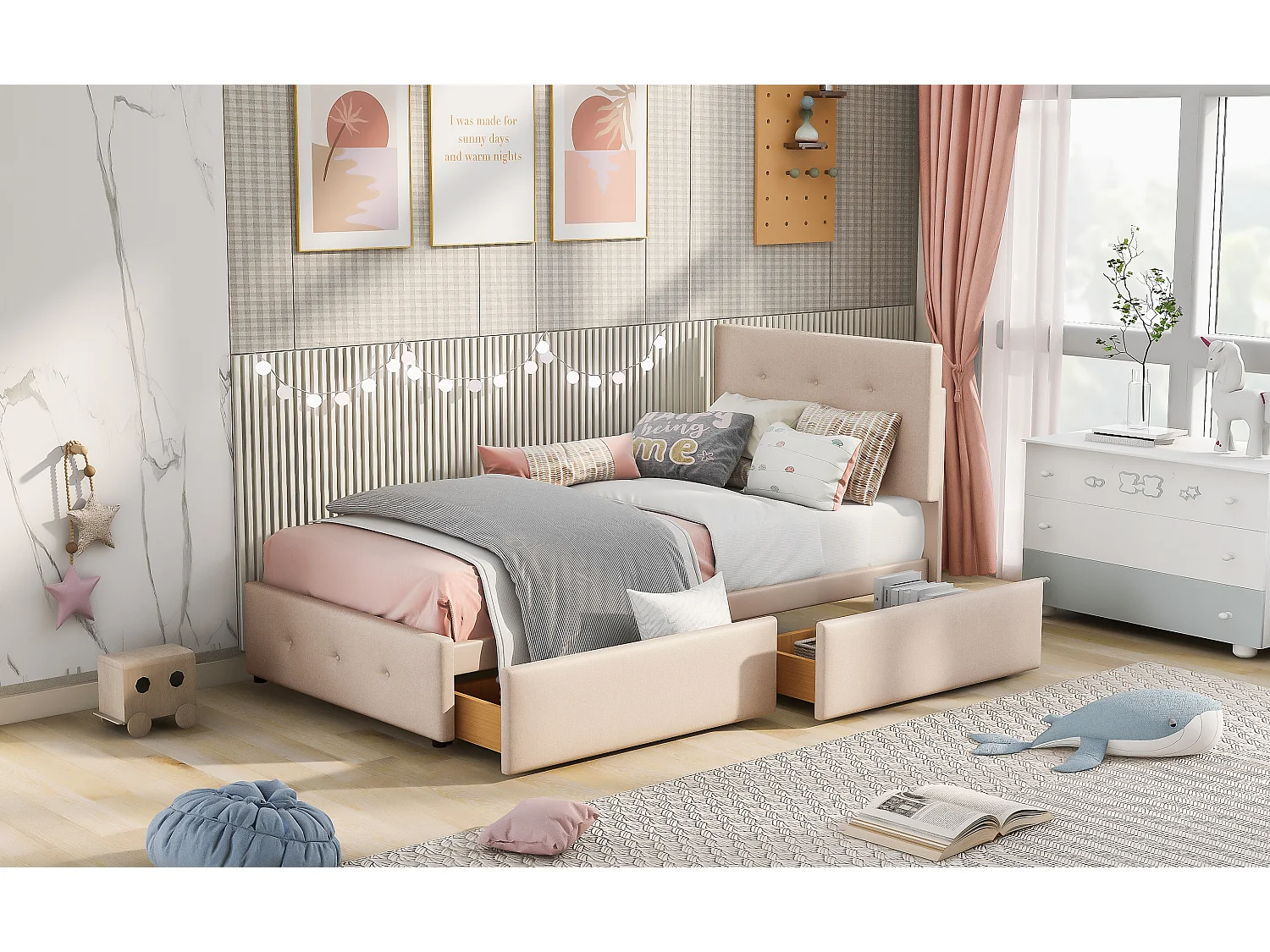 Lit 90x200cm avec rangement, tête rembourrée, sommier à lattes, velours beige foncé (208.5x97x100cm)