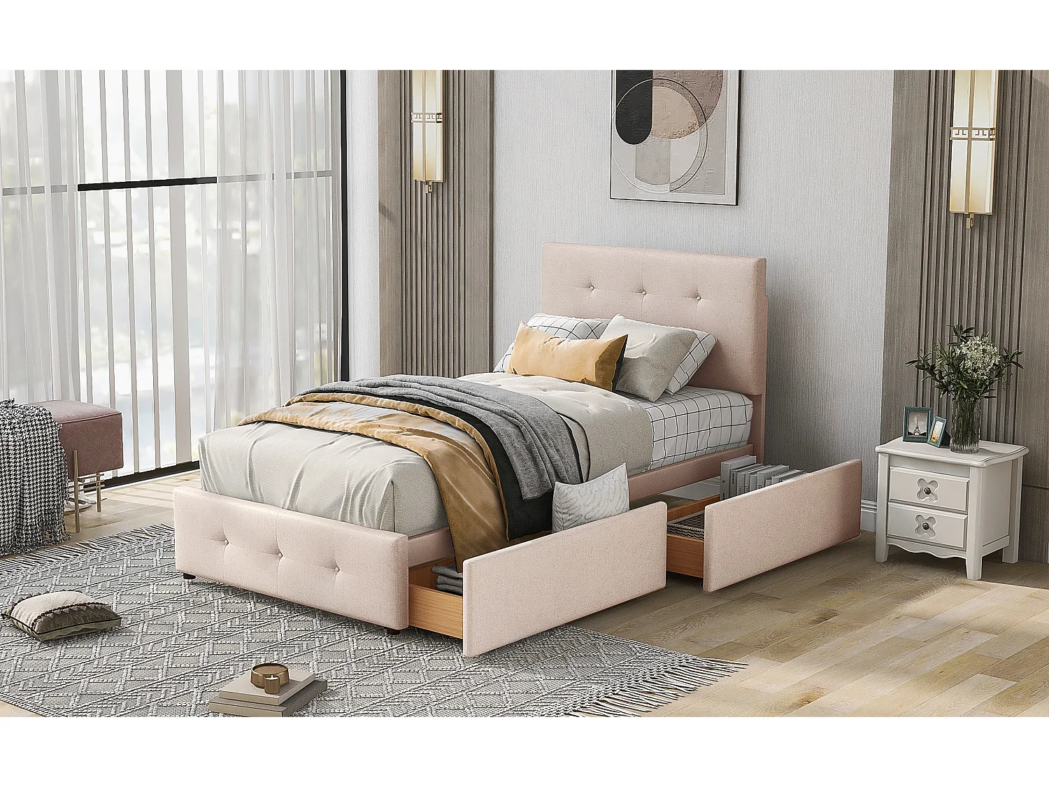 Lit 90x200cm avec rangement, tête rembourrée, sommier à lattes, velours beige foncé (208.5x97x100cm)