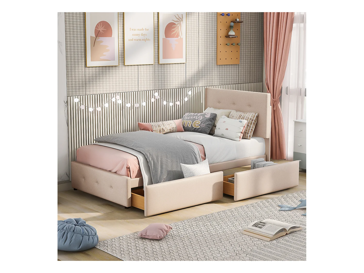 Letto 90x200cm con contenitore, testiera imbottita, rete a doghe, velluto beige scuro (208,5x97x100cm)