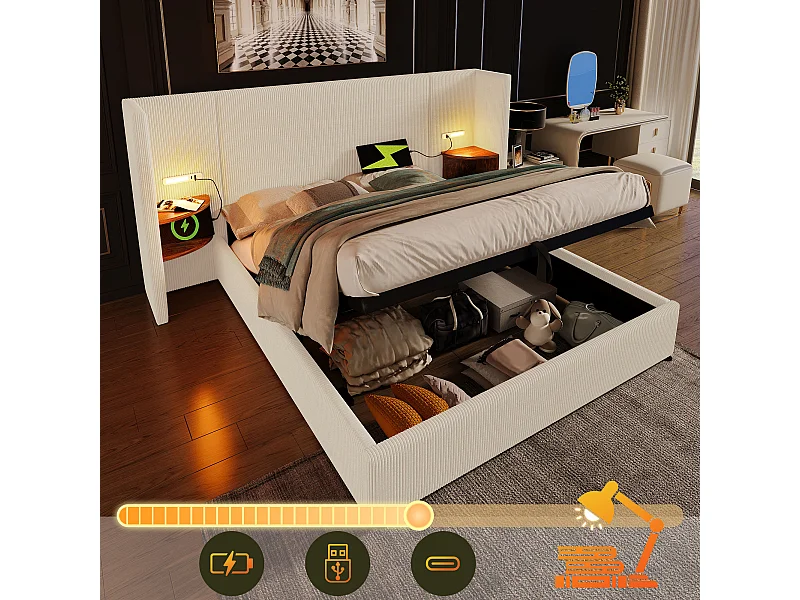 Cama doble con almacenaje hidráulico, cabecero multifuncional, estructura de pana beige-blanca, madera maciza y metal (232x213x104cm)