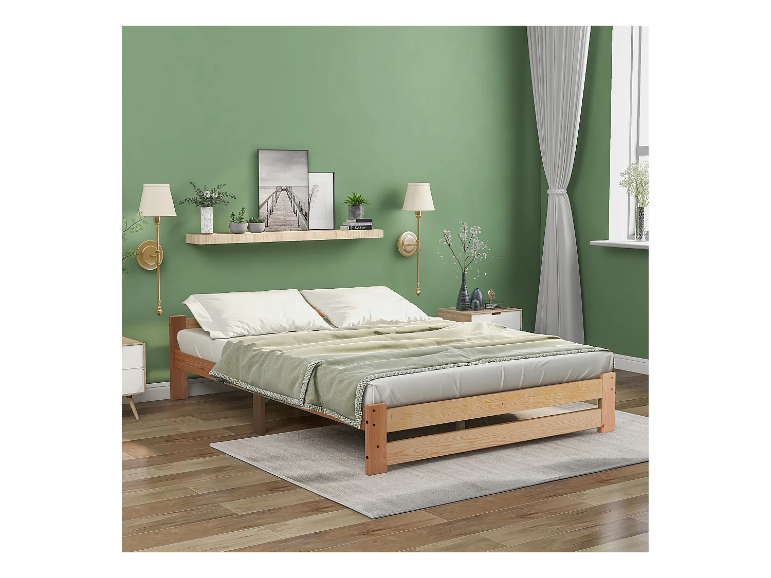 Lit Futon en bois massif avec tête de lit, naturel (200x140 cm)