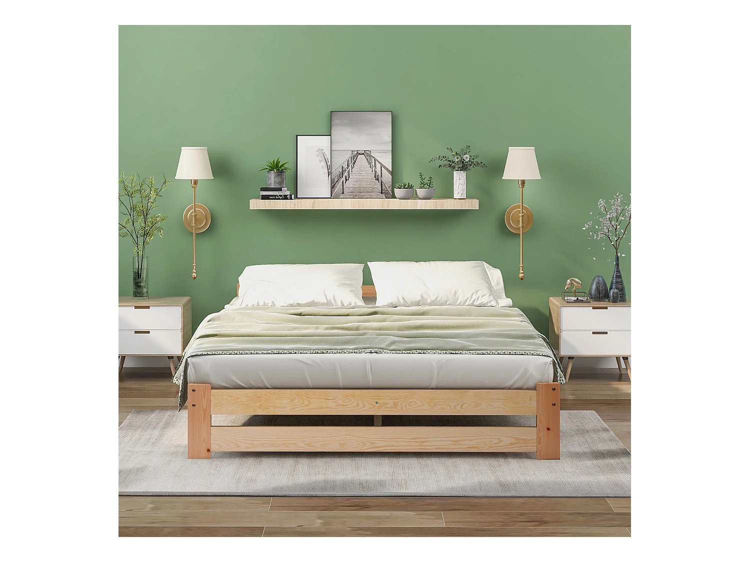 Lit Futon en bois massif avec tête de lit, naturel (200x140 cm)