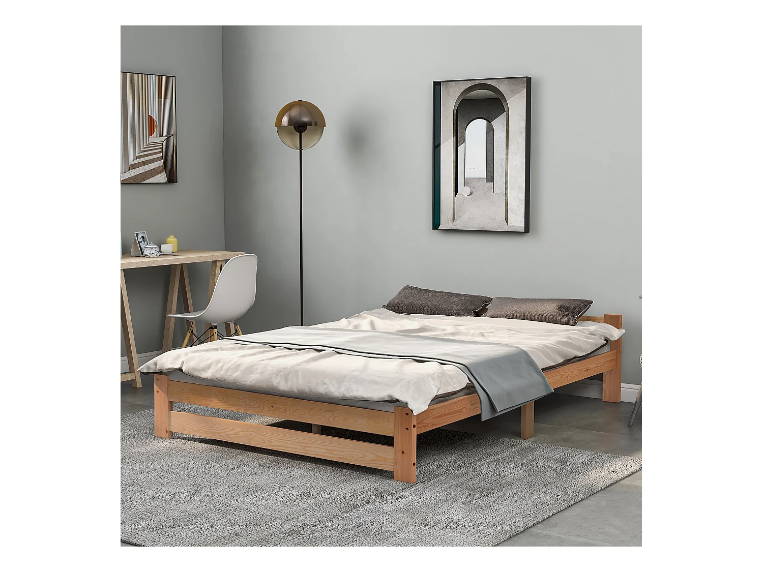 Lit Futon en bois massif avec tête de lit, naturel (200x140 cm)