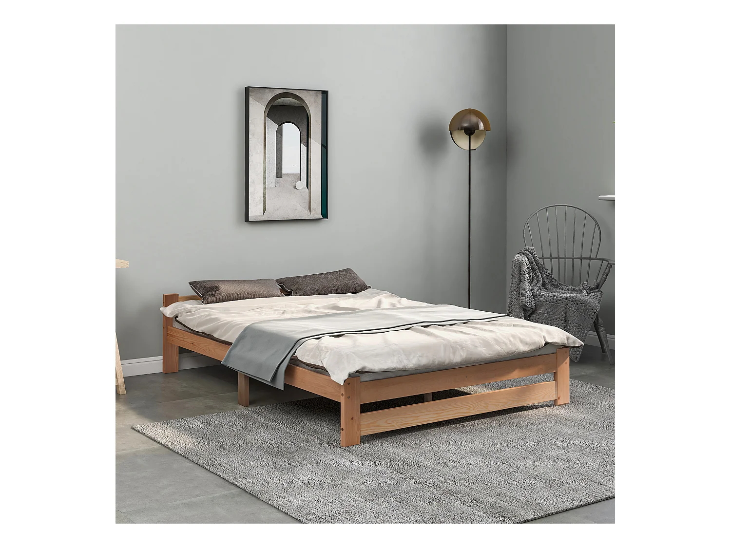 Lit Futon en bois massif avec tête de lit, naturel (200x140 cm)