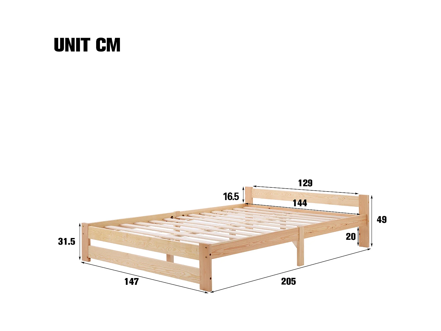 Lit Futon en bois massif avec tête de lit, naturel (200x140 cm)