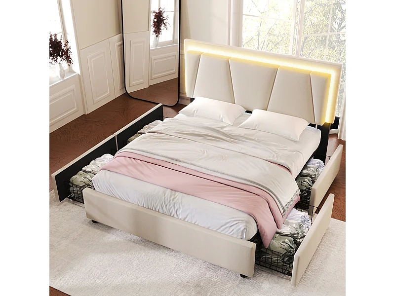 Letto con 4 cassetti, LED, testiera regolabile, struttura in legno, tessuto di lino, 140x200 cm (Dimensioni: 149x207x102-112 cm)