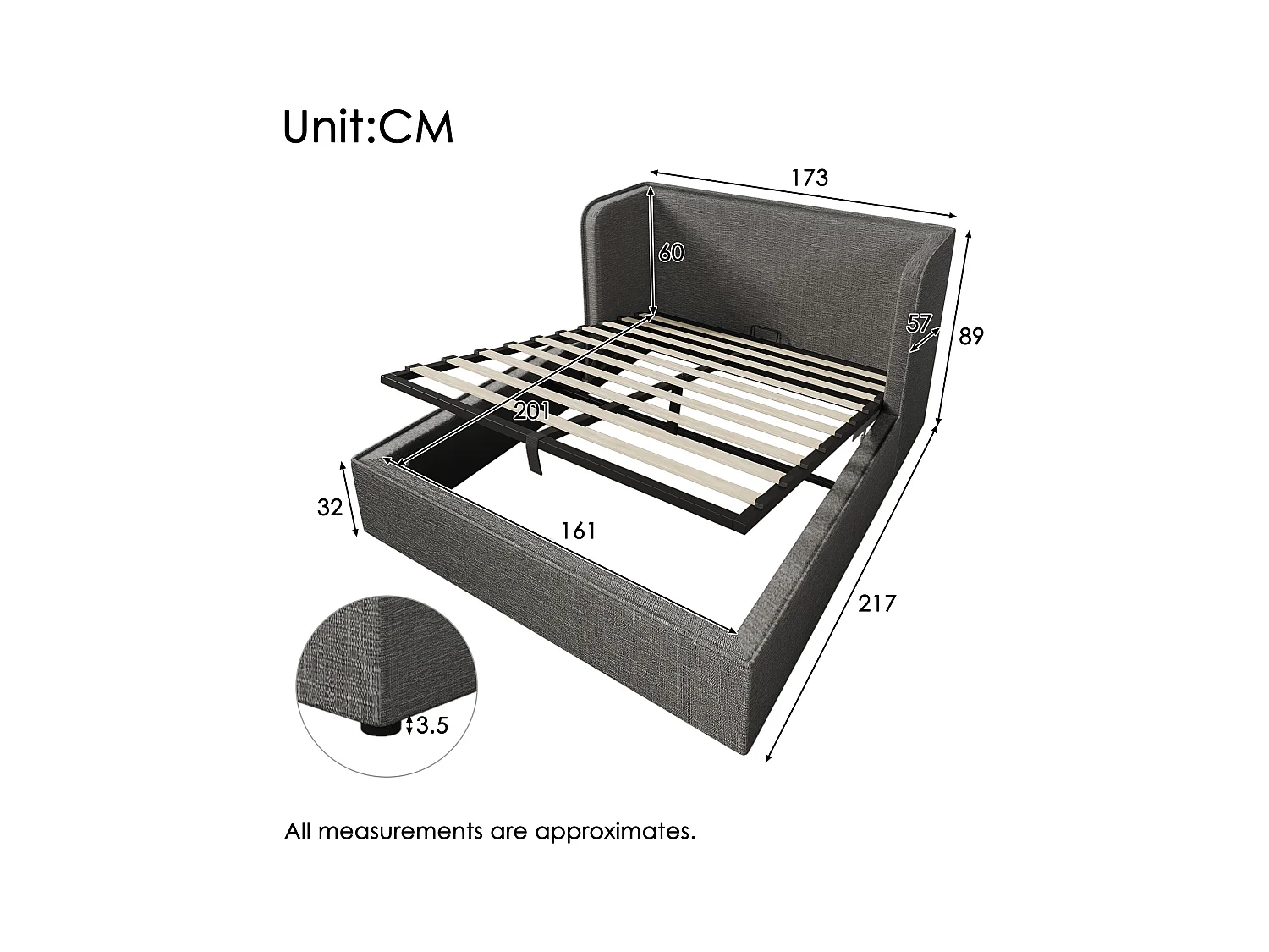 Tweepersoonsbed 160x200 met leeslamp en USB Type-C-oplader, beige-wit linnen frame, massief hout en metaal (217x232x89 cm)